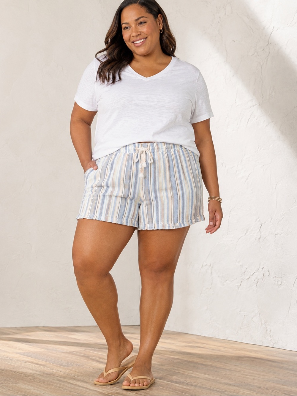 Striped Drawstring Shorts - White & Blue
